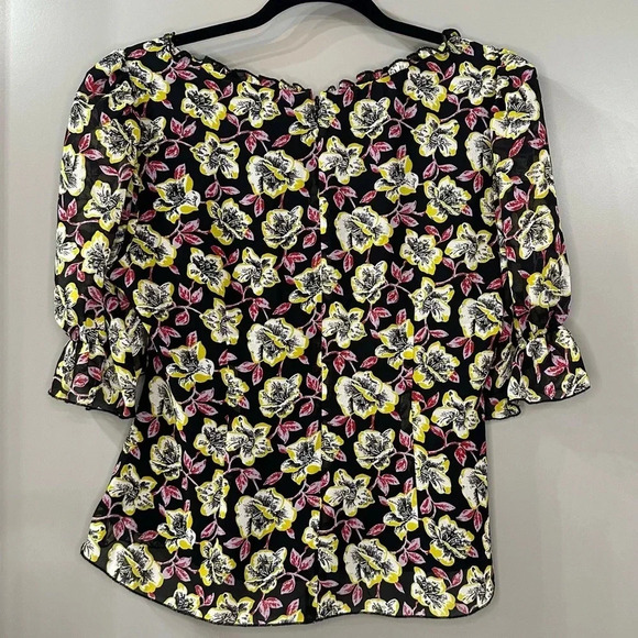 Cinq a Sept Kimberly Top Ruched Floral Print Top Black Multi Size M - Picture 4 of 8